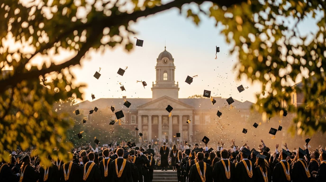 Graduates celebrating on a university campus at golden hour